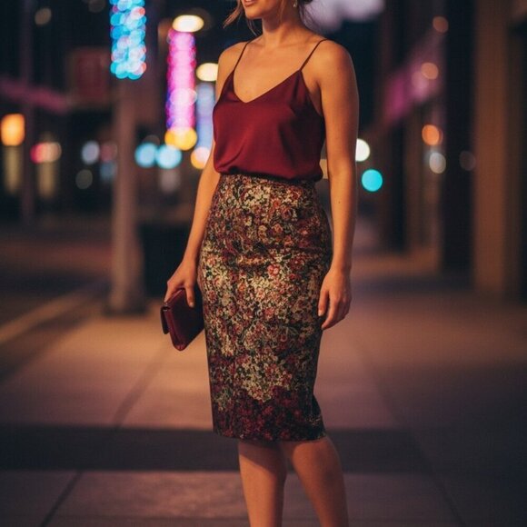 Napean Sea Rd Dresses & Skirts - Napean Sea Rd NSR Women's Black/Red/Gold Print Back Slit Midi Skirt Large